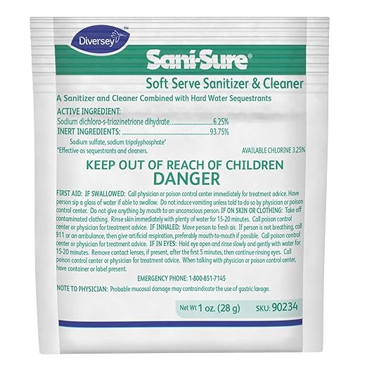 Diversey 90234 Sani-Sure Soft Serve Sanitizer &amp Cleaner for Shake Slush Yogurt Machines &amp Food Service Equipment For Home &amp Commercial Use Powder 1-Ounce Packets (Pack of 100)