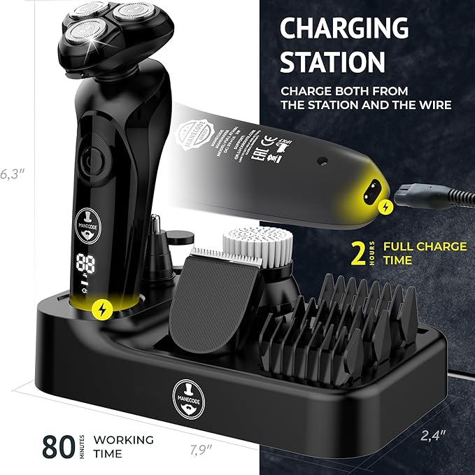 MANECODE® Electric Razor for Men - Shaver with Floating 8 Contouring Technology® and IQ Cleaning Sensor® (Charging Station)