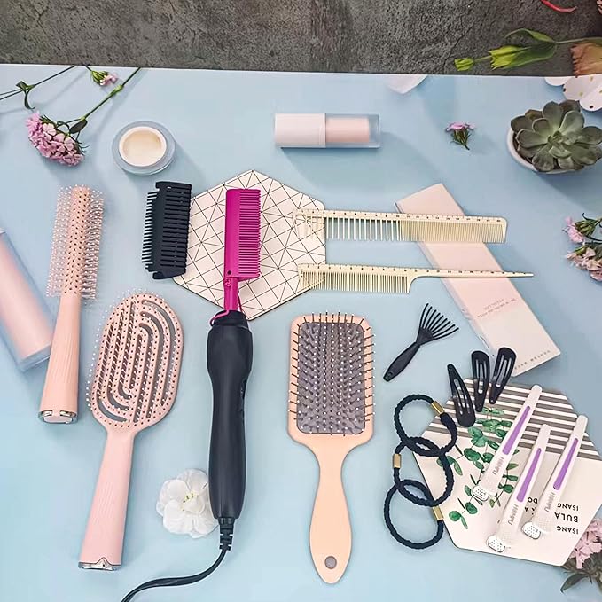 Hair Straightener Hot Comb with 15-Piece Hair Styling Set Pink Brushes and Accessories