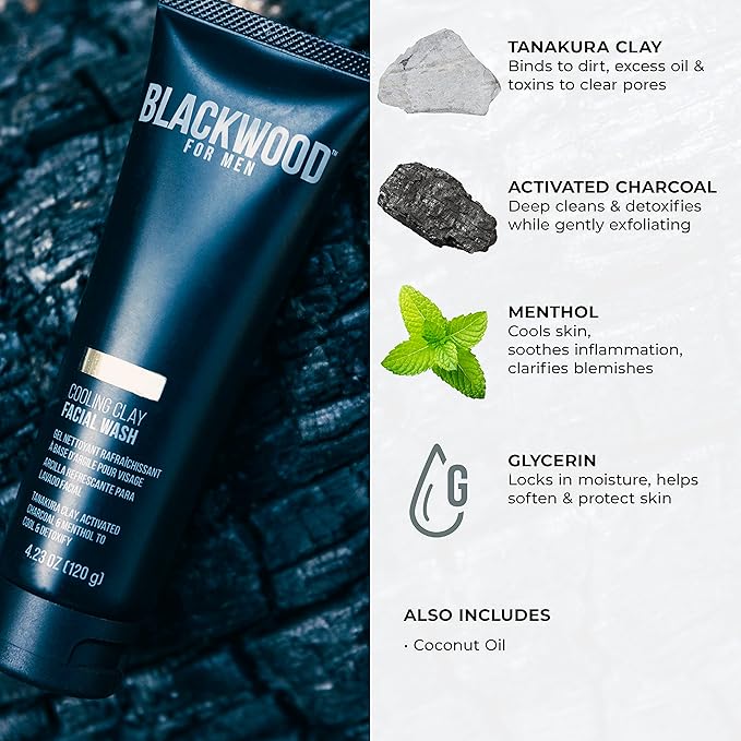 Blackwood For Men Body (17 oz) &amp Face Wash (7.41 oz) Bundle - for Sensitive Skin Workout Recovery Deep Cleansing Acne - Infused with Ginseng Menthol Charcoal &amp Clay - Sulfate Free Parabe