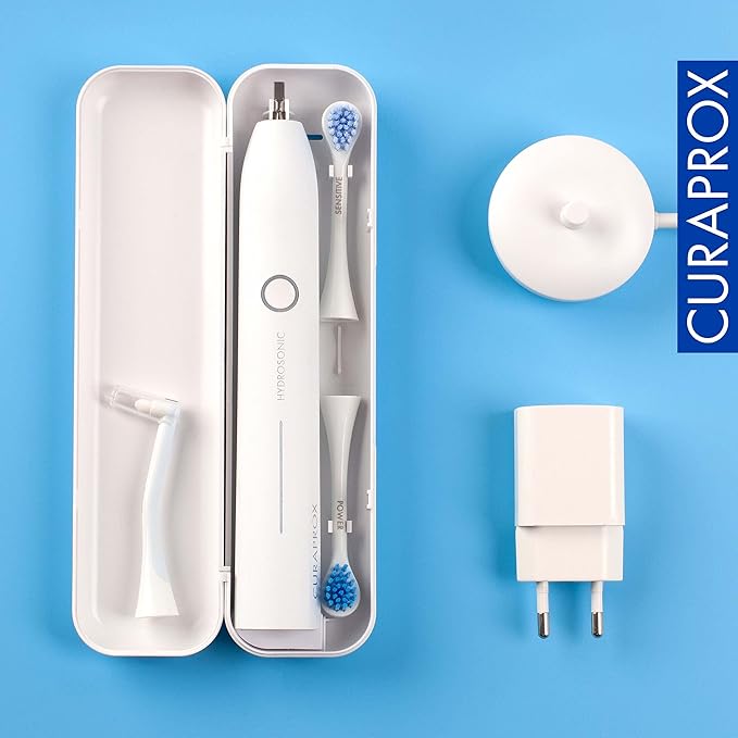 Curaprox Hydrosonic Pro Sonic Toothbrush – for Sensitive Teeth Implants and Braces | Professional Cleaning at Home | Set with Three Brush Heads