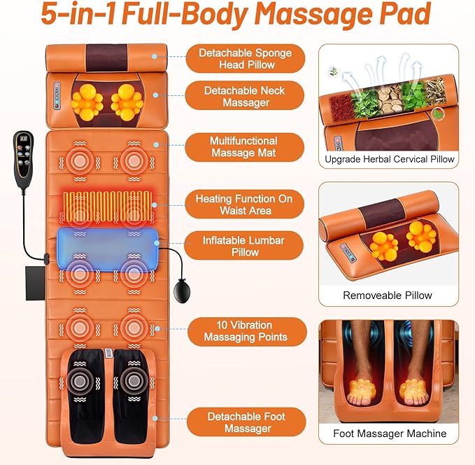 Full Body Massage Mat with Foot Massager Shiatsu Vibration Massage Pad with Heat Detachable Neck Pillow Airbag Lumbar Support &amp Remote Control for Back Waist Legs and Feet