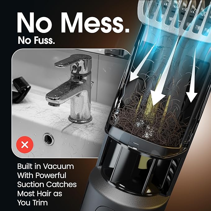 Vacutrim Cordless Mens Beard Trimmer Rechargeable Electric Shaver with 20 Trim Setting Calibration Dial and Built-in Vacuum for Mustache Sideburns. Facial Hair Black 7.5 As Seen On TV