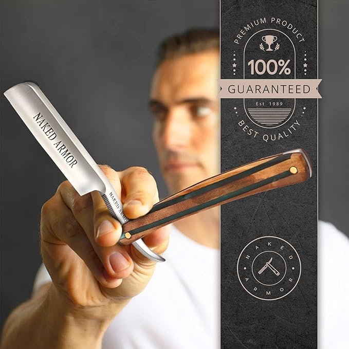 Naked Armor Lac Straight Razor - Shave Ready 7/8 Spike Nose Japanese Steel Straight Razors for Men with Sandalwood Scale Case Included Close Shave