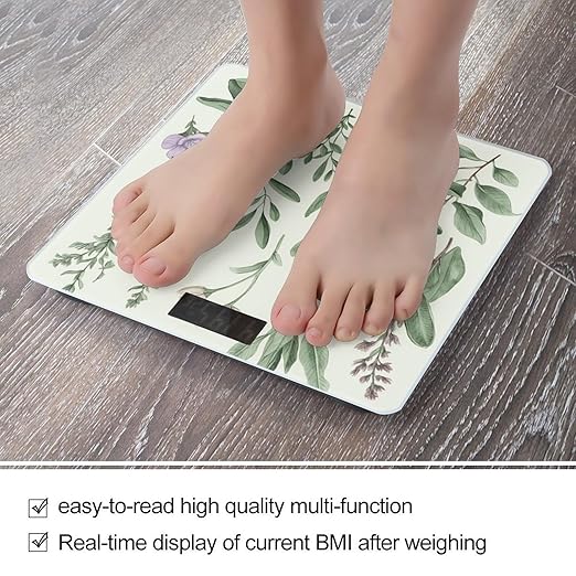 Green Flower Herb Sage Leaves and Branches Scale for Body Weight High Precision Digital Weight Scales with LCD Display Anti-Slip Sturdy Slim Tempered Glass Bathroom Scale for Home Use