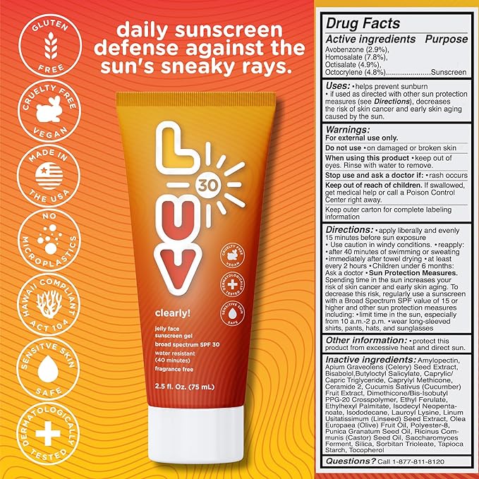 L-UV clearly! SPF 30 Jelly Face Sunscreen Invisible &amp Lightweight Broad-Spectrum UVA/UVB Protection Sensitive Skin Safe Fragrance-Free Hydrating with Ceramides &amp Pomegranate Seed Oil 2.5