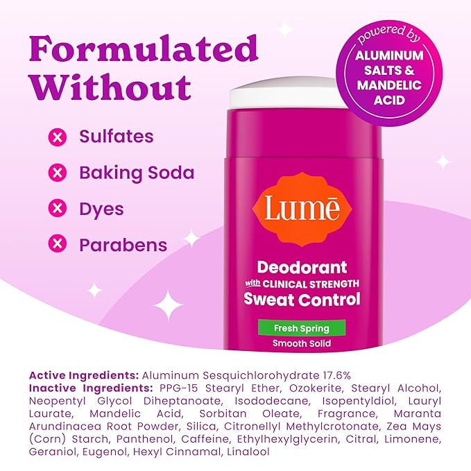 Lume Deodorant Plus Sweat Control - Smooth Solid Stick - Maximum Strength Antiperspirant - 72 Hour Odor And Sweat Control - Baking Soda Free Skin Loving - 2.6 ounce (Fresh Spring) Pack of 2
