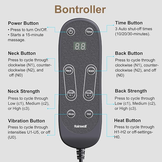 Rainwolf Shiatsu Neck and Back Massage Cushion with Heat - 4D Deep Tissue Kneading Full-Back Massager for Relief Tension Adjustable Intensity &amp Height for Office Chair &amp Home
