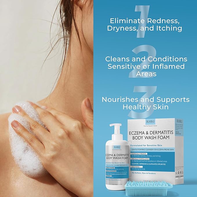 Eczema Body Wash Sensitive Skin | Eczema Treatment | Foaming Cleanser For Eczema Prone Skin | Soothes Dryness &amp Itching Gentle On Dermatitis Sulfate-Free With Free Scrubber Brush