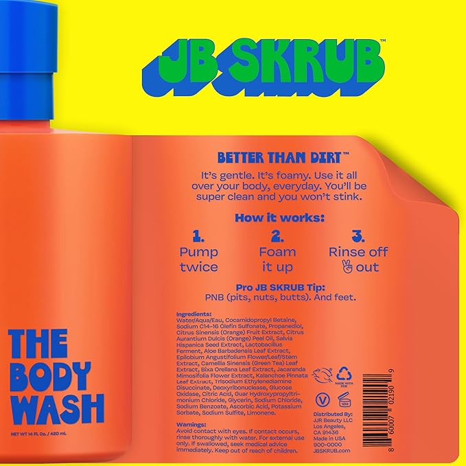JB SKRUB The Body Wash for Kids Tween &amp Teen Boys with Foaming Action &amp Natural Citrus Scent - No Harsh Ingredients Boys Body Wash - Conquer Adolescent Funk with Confidence - 14 Oz.
