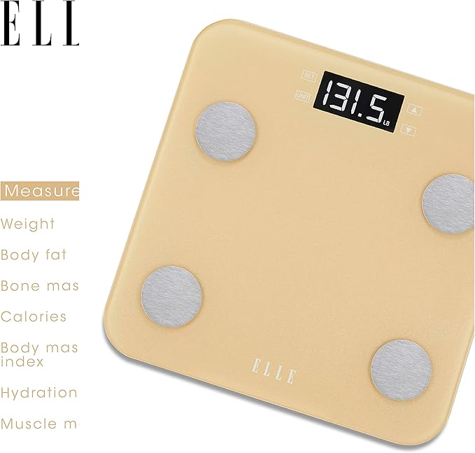 ELLE Digital Body Weight Scale with BMI Analyzer and 7 Fitness Indicators Gold LCD Display 400 lbs Capacity Tempered Glass Platform