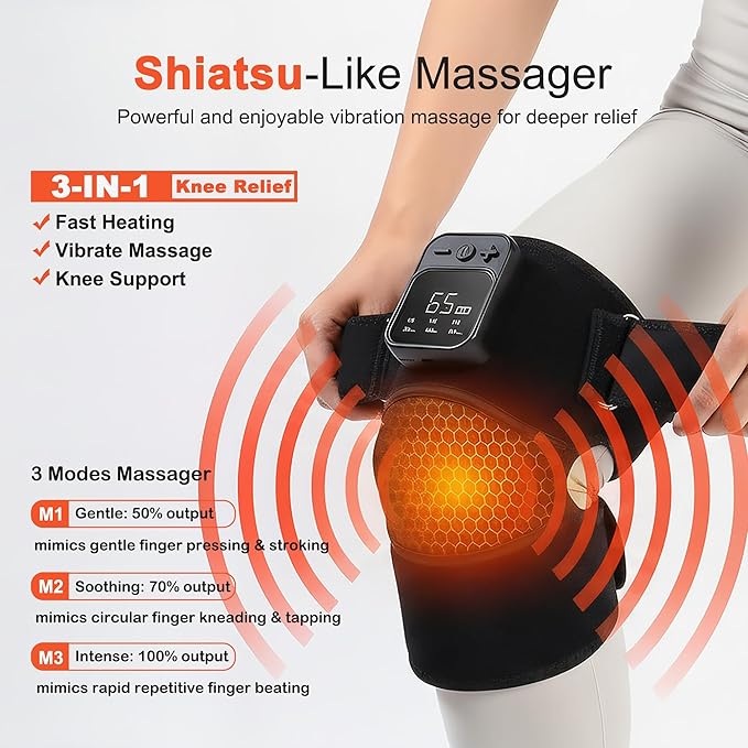 Knee Massager with Heat for Pain Relief V5.0[2026 Upgraded] - Electric Cordless Heated Knee Brace with 6 Heat Levels and 3 Vibration Massage Mode Gifts for Men Women (Black 1-Pack)