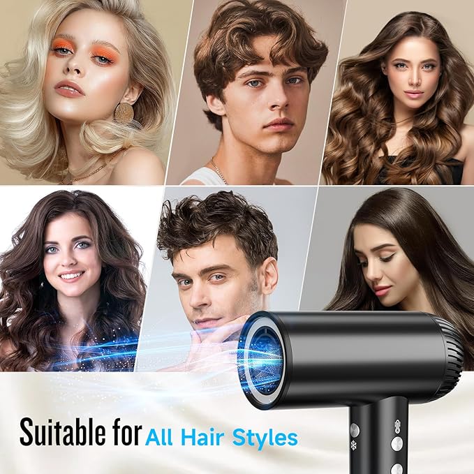 2026 Hair Dryer 200000 RPM Professional High Speed Blow Dryer with Diffuser for Women 1200M Negative Ionic Hair Dryer with Brushless Motor Low Noise Hair Blow Dryer for Home Travel Salon Black