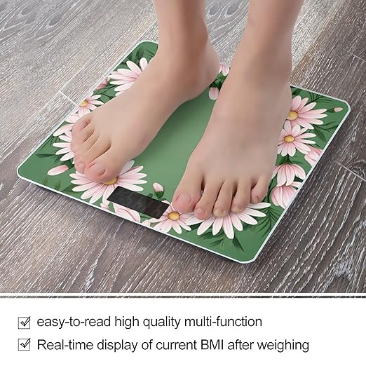 Leaves and Daisies Scale for Body Weight Anti-Slip Tempered Glass Digital Bathroom Scales Clear LCD Display Weighing Scale Safe Rounded Corners Smart Scales