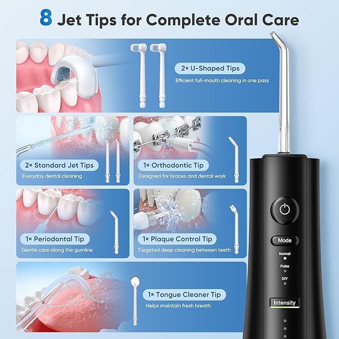 Water Flosser Cordless for Teeth Water Pick Oral Irrigator with U Shaped Nozzle 40–150 PSI DIY Mode 350ML Large Tank Rechargeable Portable Dental Flosser for Braces &amp Adults