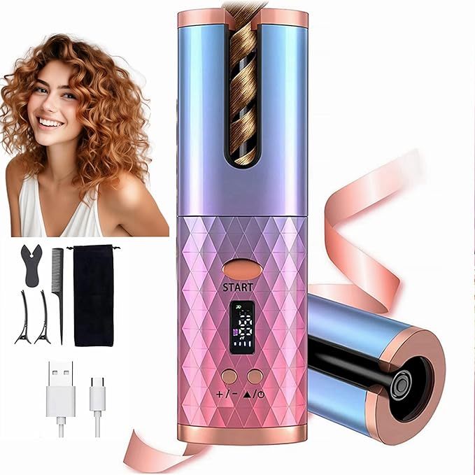 Automatic Curling Iron Wireless Auto Rotat Ceramic Hair Curler Cordless Automatic Hair Curler with LCD Display 6 Temps and Timers USB Charging Auto Shut-Off Create Stunning Curls
