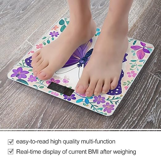 Cute Purple Butterfly Bathroom Scale for Body Weight with High Precision Large LCD Backlight Display Digital Weighing Scale with BMI Capacity Up to 180kg