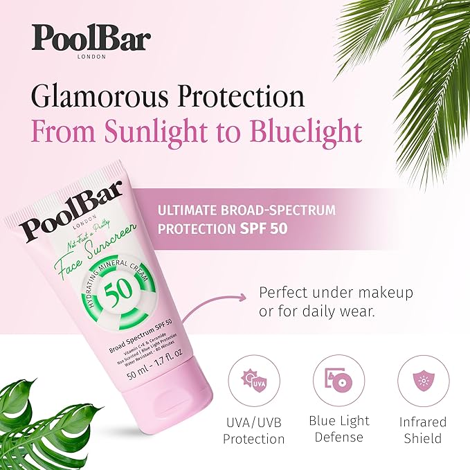 PoolBar Mineral Face Sunscreen Cream for Women and Men Sun Care SPF 50 Hydrating Mineral Vitamin C E and Ceramide Non Scented Water Resistant Sunscreen Blue Light Protection - 50ml (Pack of 3)
