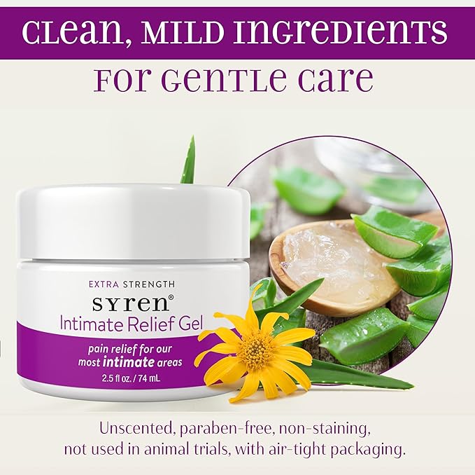 Syren Intimate Relief Gel with 4% Lidocaine for External Sensitivity vulvodynia dyspareunia Vaginal discomfort Dryness Gentle Postpartum and Post-Procedure Support 2.5 oz Made in USA