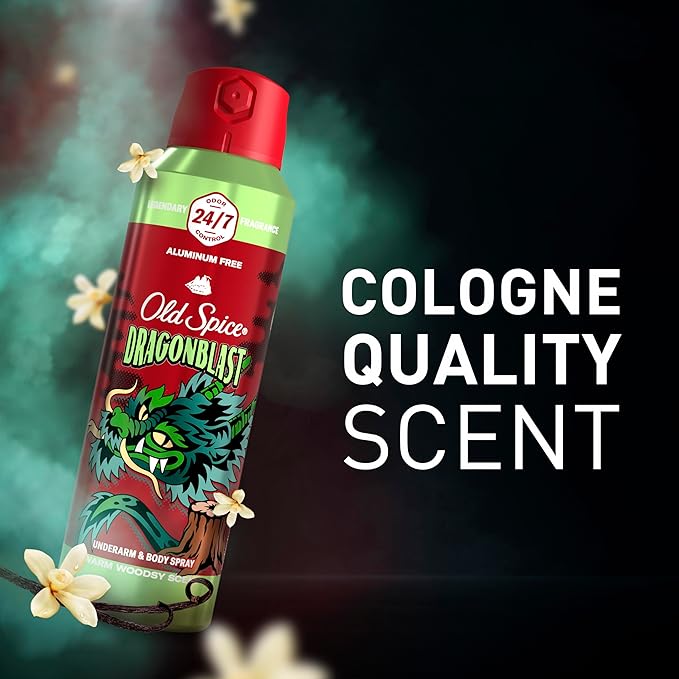 Old Spice Aluminum Free Body Spray for Men 24/7 Odor Protection 24/7 Lasting Fragnance &amp Freshness Cologne Quality Scent Dragonblast with Warm Woodsy Scent 5.1 oz (Pack of 3)