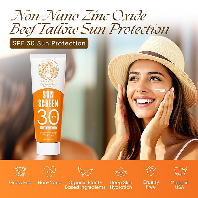 Eat My Face Tinted Beef Tallow Sunscreen SPF 30 – No White Cast Natural Glow | Reef Safe Mineral Zinc Oxide | Water Resistant Sun Protection for Face &amp Body 4 oz