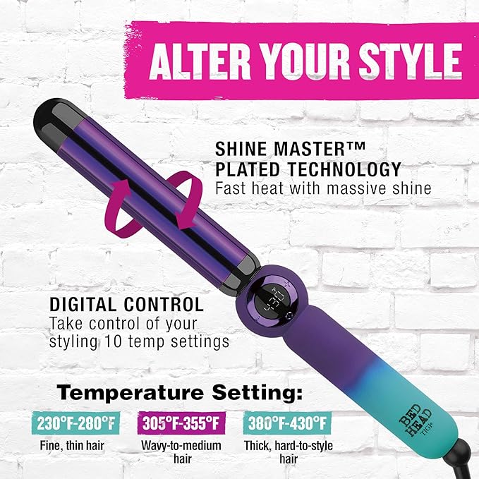 Bed Head Rough Volume Digital Hair Curling Wand | Fast Heat Up and Massive Shine (1-1/4 in)