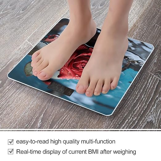 Red Rose in Water Scale for Body Weight Anti-Slip Sturdy Tempered Glass Weighing Machine Highly Digital Accurate Bright LCD Bathroom Scale for Household Gift