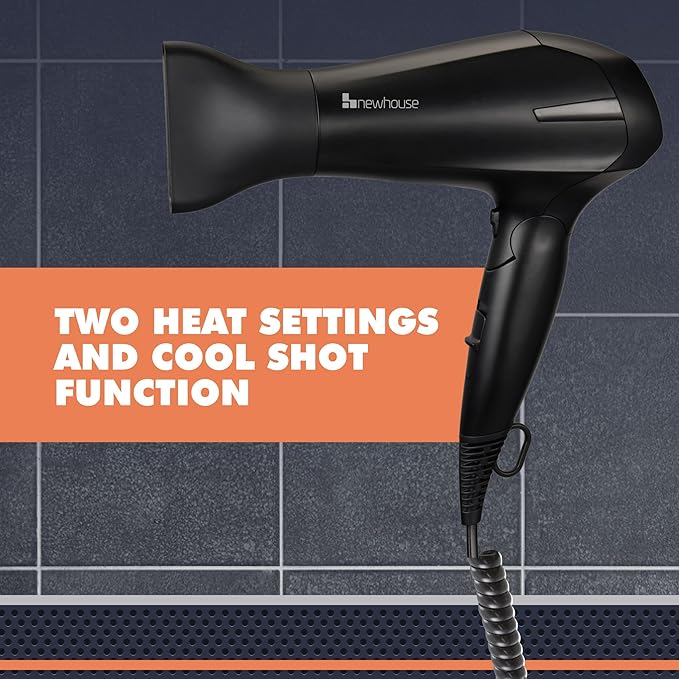 Newhouse 125V 1875-Watt Foldable Hair Dryer with Spiral Cord NHHD-001-FS Compact Foldable Hair Blow Dryer Low-Noise Ionic Hair Dryer ETL Certified for Hospitality and Residential Use