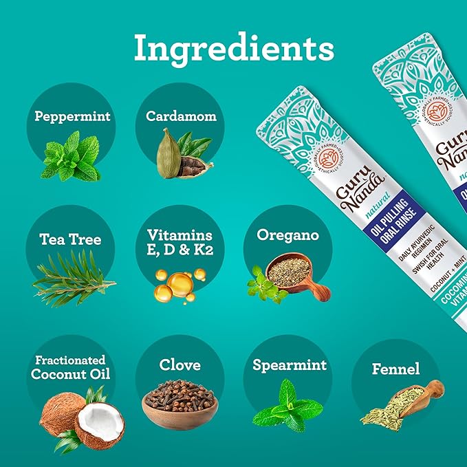 GuruNanda Travel Sachets Coconut Oil Pulling Fresh Breath Mouthwash 7 Essential Oils &amp Vitamins for Happy Teeth &amp Gums with Tongue Scraper 28 Sachets