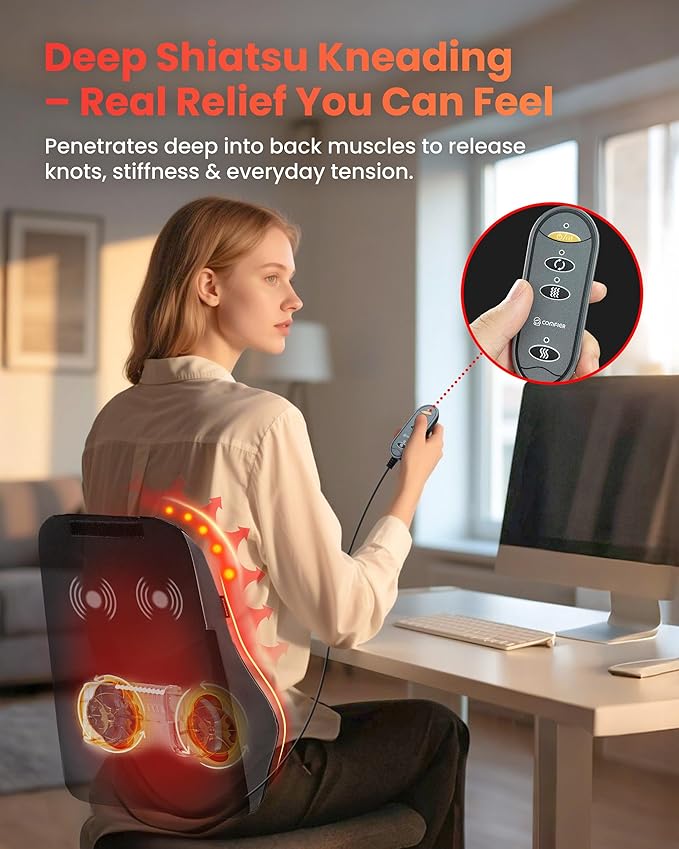 COMFIER Back Massager with Heat Deep Tissue Shiatsu Neck and Back Massager Chair Use Massager Pillow with Adjustable Flap