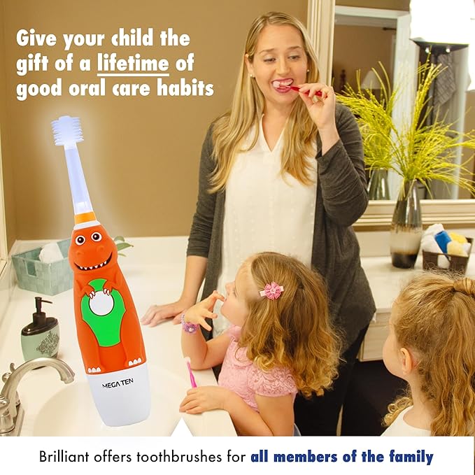 Brilliant Oral Care Kids Sonic Electric Toothbrush with Soft Bristles Round Brush Head LED Light and Timer for Children Ages 5+ Dinosaur