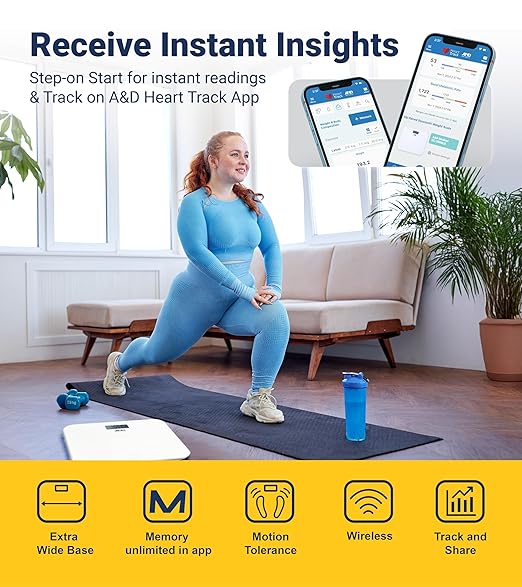 A&ampD Medical Digital Body Weight Scale UC-356BLE Bluetooth Bathroom Weight Machine UltraWide Platform and Large Display Syncs with A&ampD App550lb (249kg) Batteries Included White