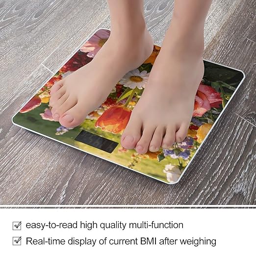 Colorful Flowers Weight ScaleClear LED Display Bathroom Digital Weighing ScaleTempered Glass Digital Bathroom Scale for Body Weight Capacity Up to 400 Lbs