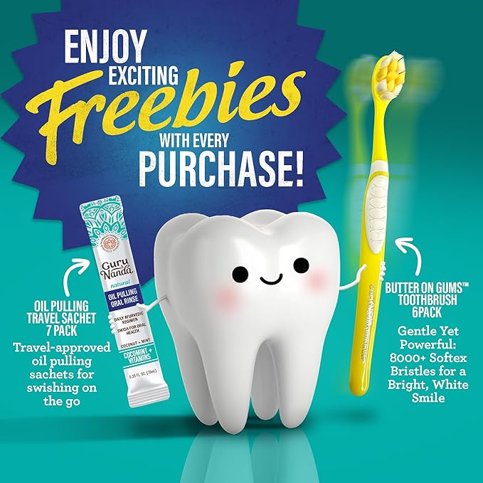 GuruNanda Total Smile Makeover Kit Regular with Cocomint Oil Pulling Dual Barrel Whitening Mouthwash Whitening Strips &amp Butter on Gums Toothbrushes