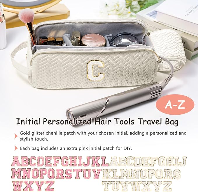 Initial Personalized Hair Tools Travel Bag Compatible with Shark FlexStyle Revlon &amp Dyson | Hair Dryer Brush Organizer Flat Iron Curling Iron Makeup &amp Cosmetic Bag for Travel Essentials