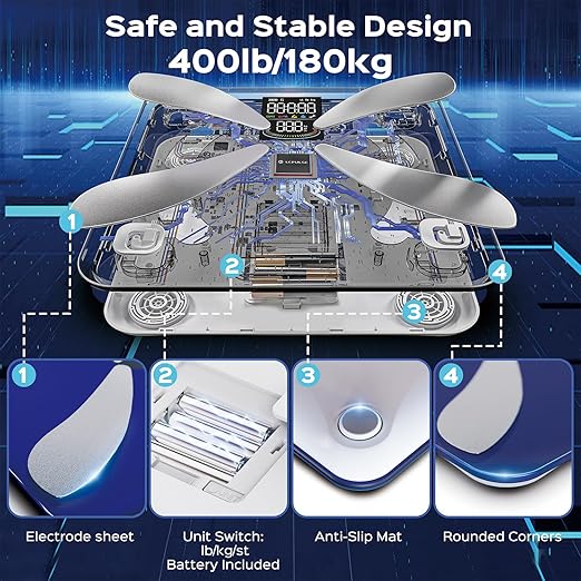 Lepulse Smart Weight Scale with BMI Body Fat Muscle Mass Updated X-Shaped Electrode Scale for Body Weight and Fat Percentage 13 Body Composition Scale Large Display Digital Bathroom Scale with App