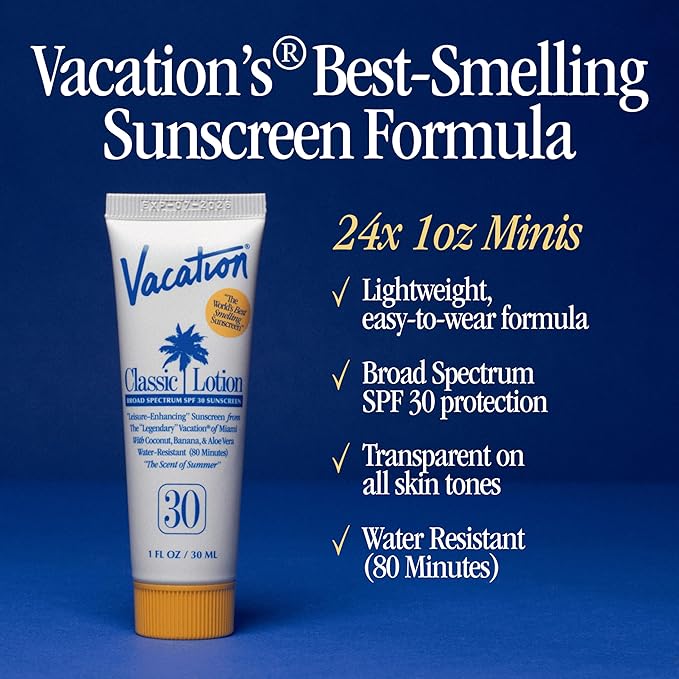 Vacation Mini Classic Sunscreen SPF 30 Water-Resistant Bulk Suntan Lotion Bachelorette Party Favors Beach Must Haves Traveling Essentials Travel Size 1 Fl. Oz. (Value Pack of 24)