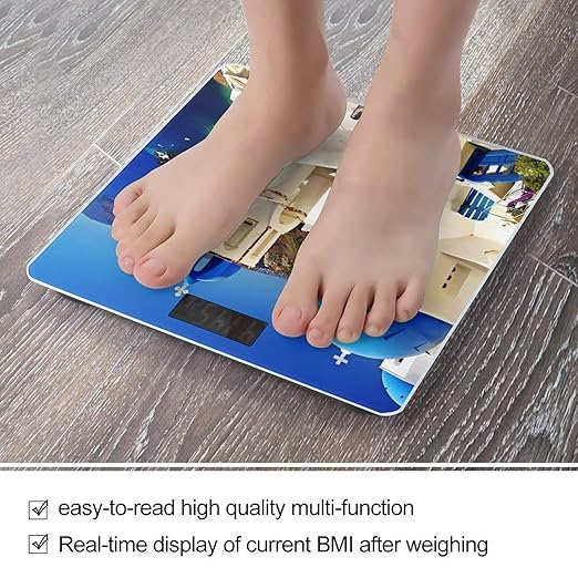 Santorini Greek Island Sea View Scale for Body Weight Anti-Slip Sturdy Tempered Glass Weighing Machine Highly Digital Accurate Bright LCD Bathroom Scale for Household Gift