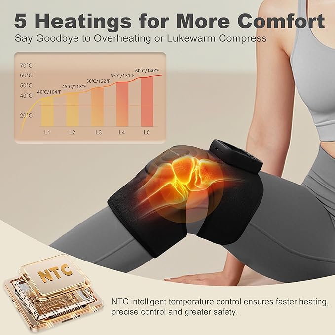 KingPavonini Cordless Knee Massager for Pain Relief Newly 4 Motors Vibration 5 Heat Levels 6 Massage Modes Knee Heating Pad for Knee Pain Heated Knee Massager Brace for Mom Dad (Black 2.0)