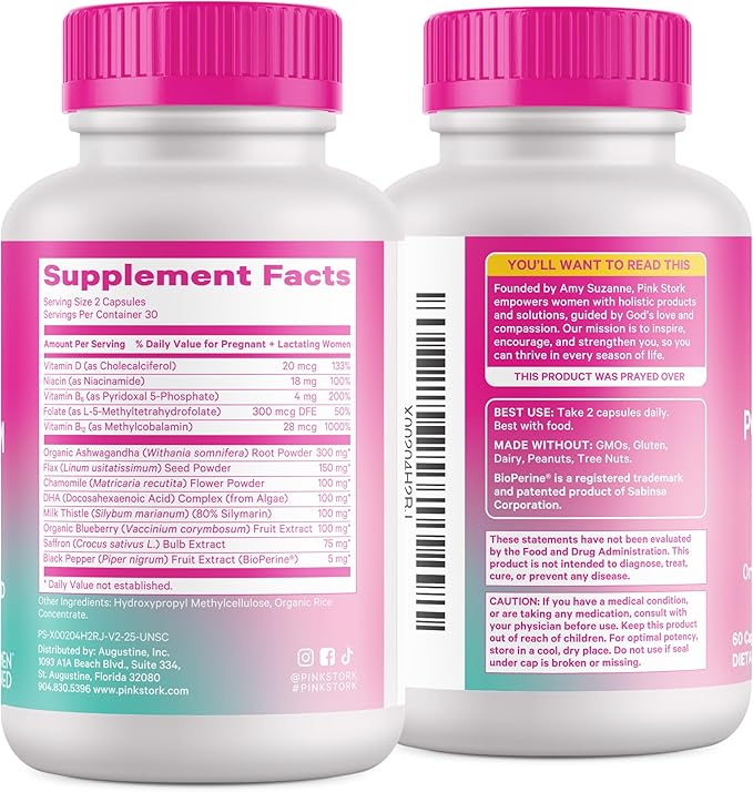 Pink Stork Postpartum Mood Support - Postnatal Hormone Balance for Women - Breastfeeding Friendly - Stress &amp Cognitive Support New Mom Essentials - Ashwagandha Chamomile &amp Vitamin D 60 Cap