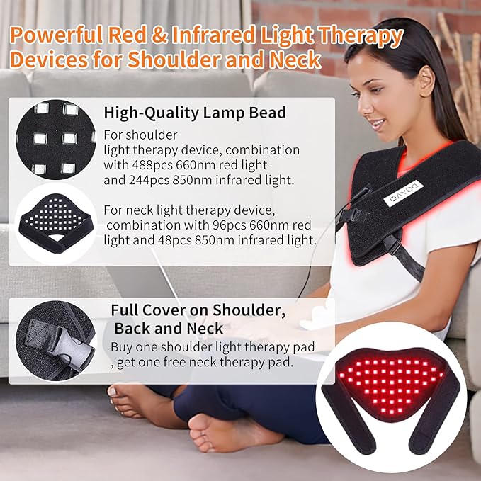 TUOB Red &amp Infrared Light Therapy for Shoulder &amp Neck Home Use 850nm Shoulder &amp 880nm Neck Pad Full Cover Light Therapy for Pain Relief &amp Muscle Relaxation