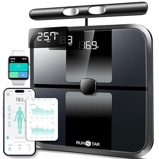 RunStar Smart Scale for Body Weight Full-Body Bathroom Scale with 8 Electrodes for BMI Muscle Mass 3-Metric Display High-Accuracy Body Composition Monitor with 28 Metrics &amp App Connectivity Bl