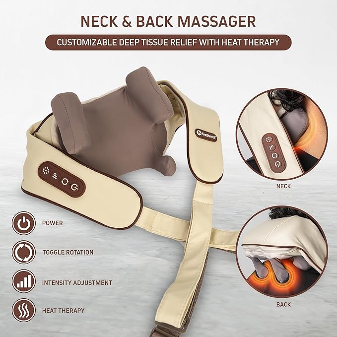 FIRSTHEALTH Neck and Shoulder Massager with Heat Deep Tissue Shiatsu Back Massager USB-C Rechargeable Kneading Massage for Pain Relief Gifts for Men Women