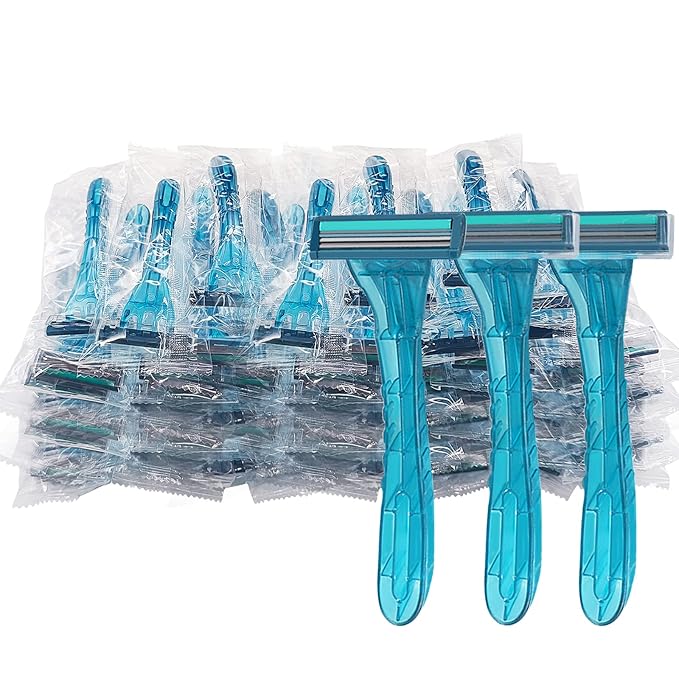 100 Pack Disposable Razors Individually Wrapped Razors Bulk Twin Stainless Steel Blade Razors for Hotel Travel Airbnb Homeless (Blue)