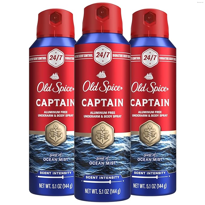 Old Spice Aluminum Free Body Spray for Men 24/7 Signature Scent &amp Lasting Freshness All-Day Odor Protection Easy Application Captain with Bergamot Sea Air &amp Driftwood Scent 5.1 oz (Pack