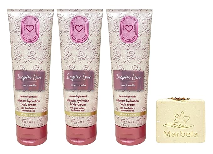 Bath &amp Body Works Aromatherapy Inspire Love Rose + Vanilla 3 Ultimate Hydration Body Creams with a Creamy Rose Bar Soap