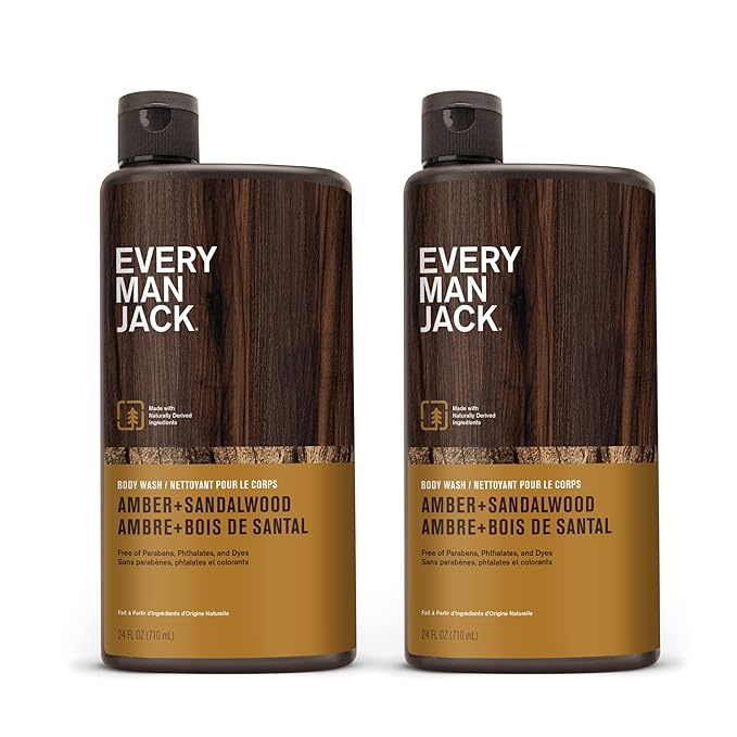 Every Man Jack Amber+Sandalwood Hydrating Mens Body Wash for All Skin Types-Cleanse Nourish and Hydrate Skin with Naturally Derived Ingredients-Paraben Free Phthalate Free Dye Free-24oz(Pack of 2)