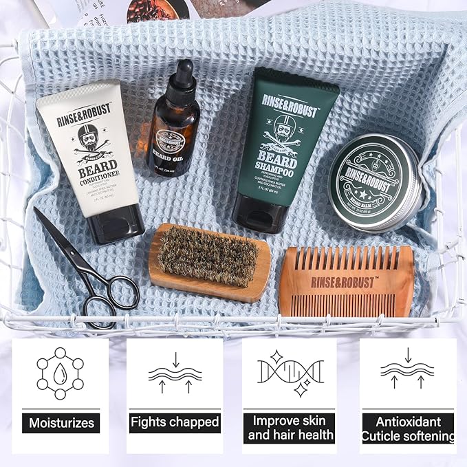 Beard Growth Kit for Men Beard Care Set 8pcs with Traveling Bag Beard Grooming Wash &amp Beard Conditioner Kit