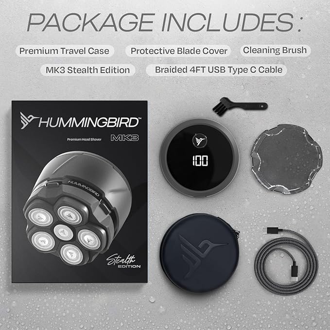 HUMMINGBIRD MK3 Stealth Electric Head Shaver - 6 Blade Electric Razors for Men Cordless USB-C Rechargeable Waterproof Head Shaver with Two Additional Magnetic Replacement Blades
