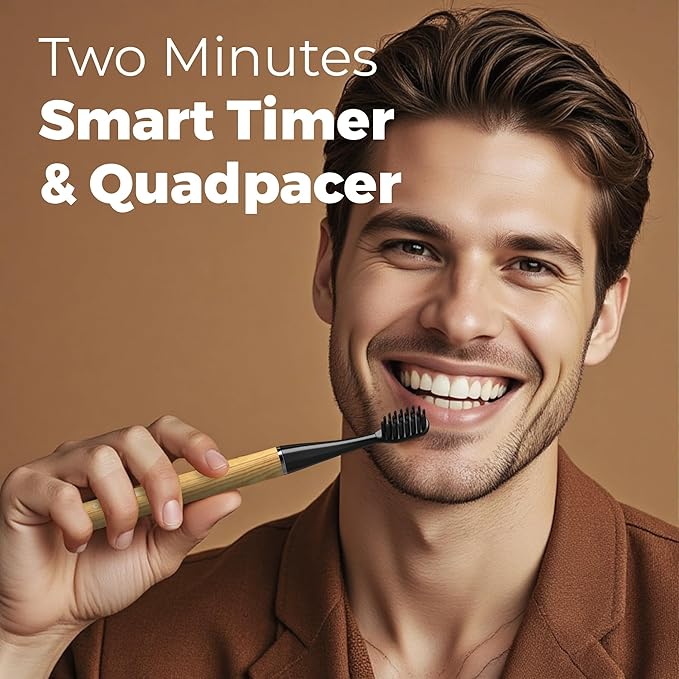 MIPOW Brush GO SlimPro i4 Electric Toothbrush Rechargeable Smart Ultra Sonic 3 Modes Travel Case &amp Ceramic Dock 60Day Battery Soft Bristles 2 Heads IPX7 Waterproof Color-Woodgrain Edition